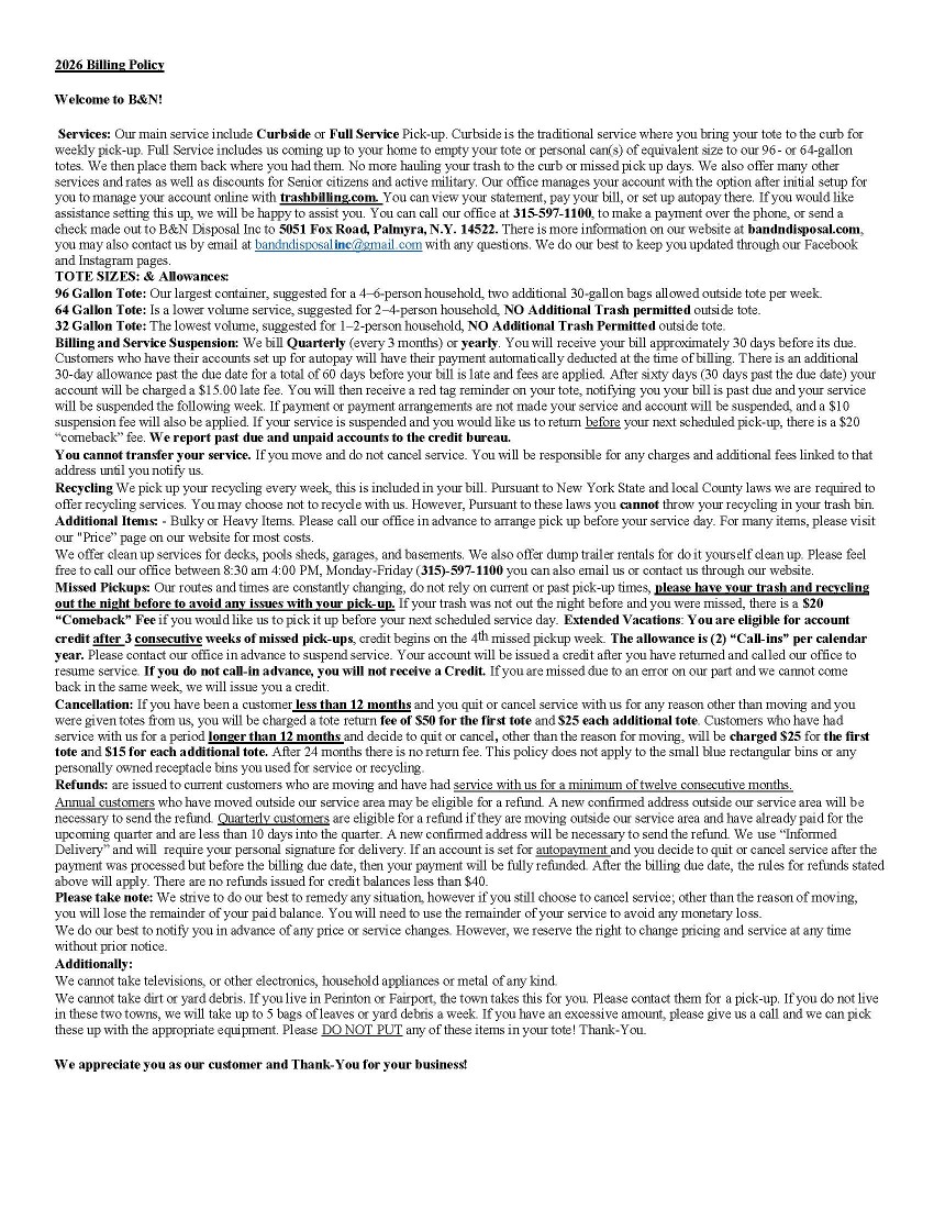 2026 Billing Policy
